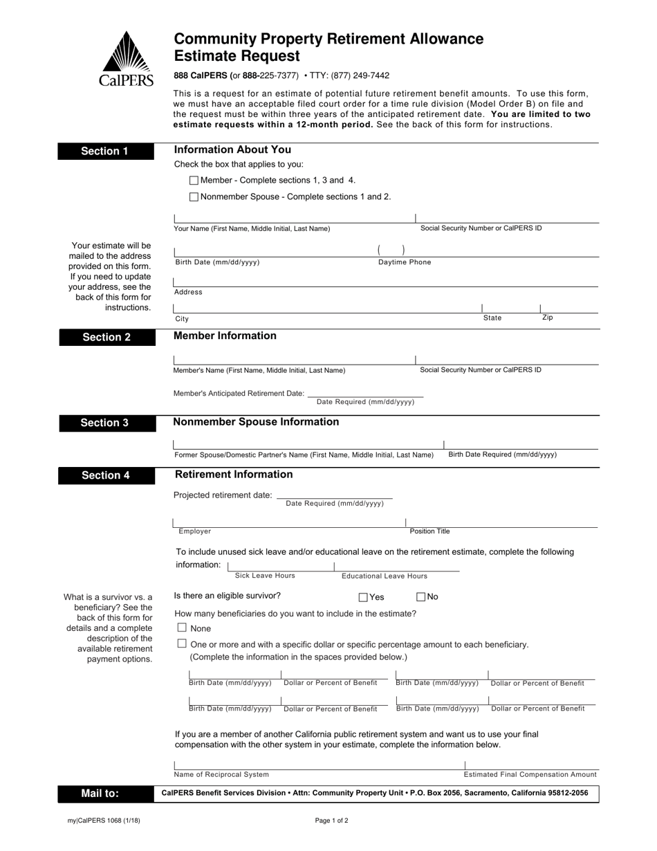 Form my|CalPERS1068 Community Property Retirement Allowance Estimate Request - California, Page 1
