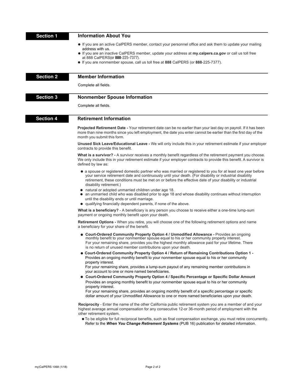 Form my|CalPERS1068 Community Property Retirement Allowance Estimate Request - California, Page 2