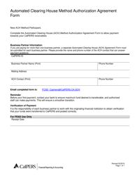 Document preview: Automated Clearing House Method Authorization Agreement Form - California