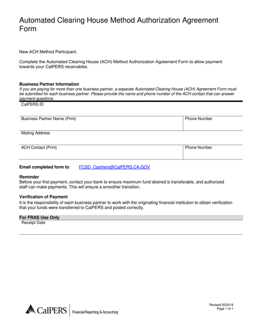 Automated Clearing House Method Authorization Agreement Form - California Download Pdf