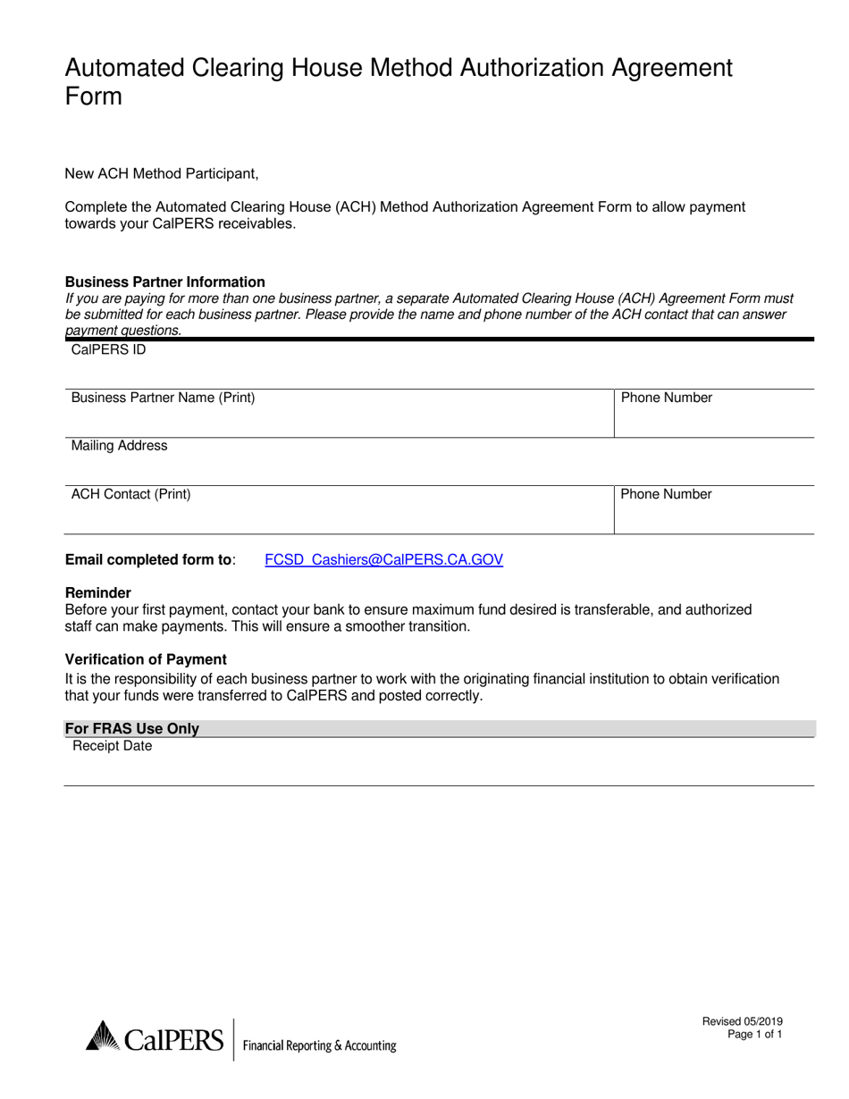 Automated Clearing House Method Authorization Agreement Form - California, Page 1