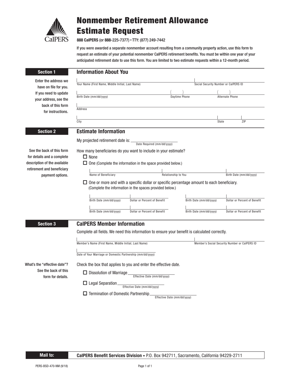 Form PERS-BSD-470-NM Nonmember Retirement Allowance Estimate Request - California, Page 1
