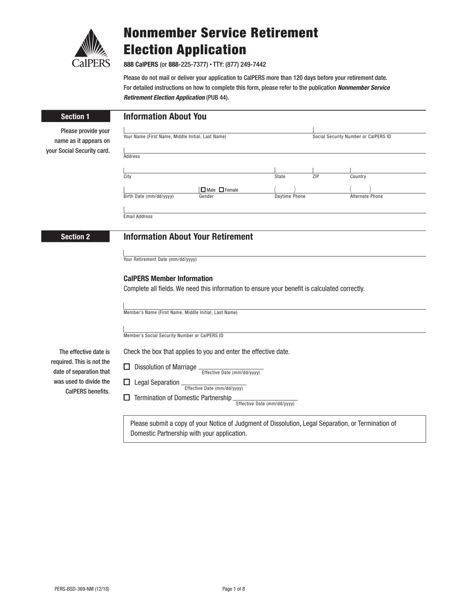 Form PERS-BSD-369-NM Nonmember Service Retirement Election Application - California, Page 1