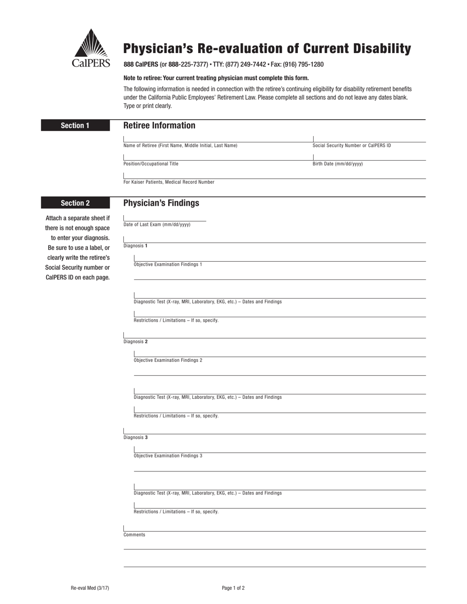 California Physician's Reevaluation of Current Disability Fill Out