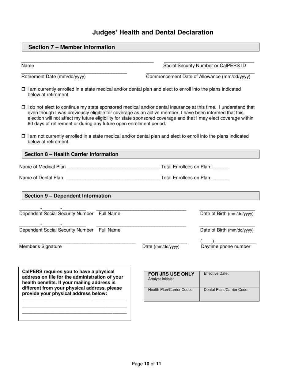 Form PERS09M0297 (PERS-PRS-W-4P / DE-4P) Judges Retirement Application - California, Page 10