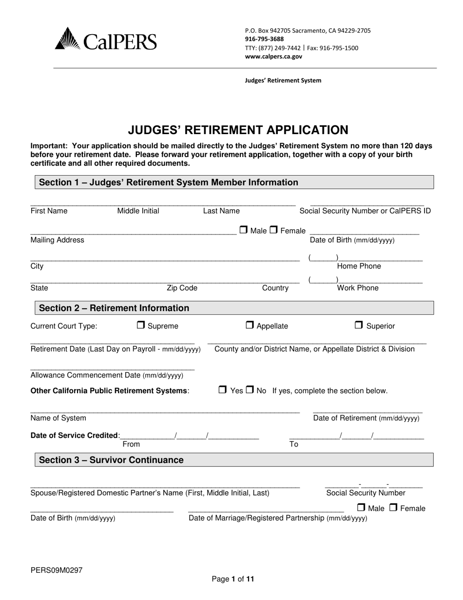 Form PERS09M0297 (PERS-PRS-W-4P / DE-4P) Judges Retirement Application - California, Page 1
