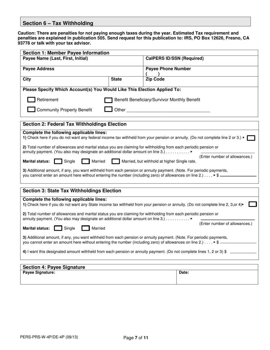 Form PERS09M0297 (PERS-PRS-W-4P / DE-4P) Judges Retirement Application - California, Page 7