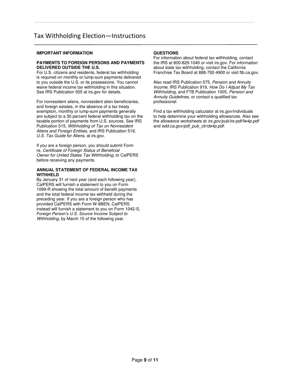 Form PERS09M0297 (PERS-PRS-W-4P / DE-4P) Judges Retirement Application - California, Page 9