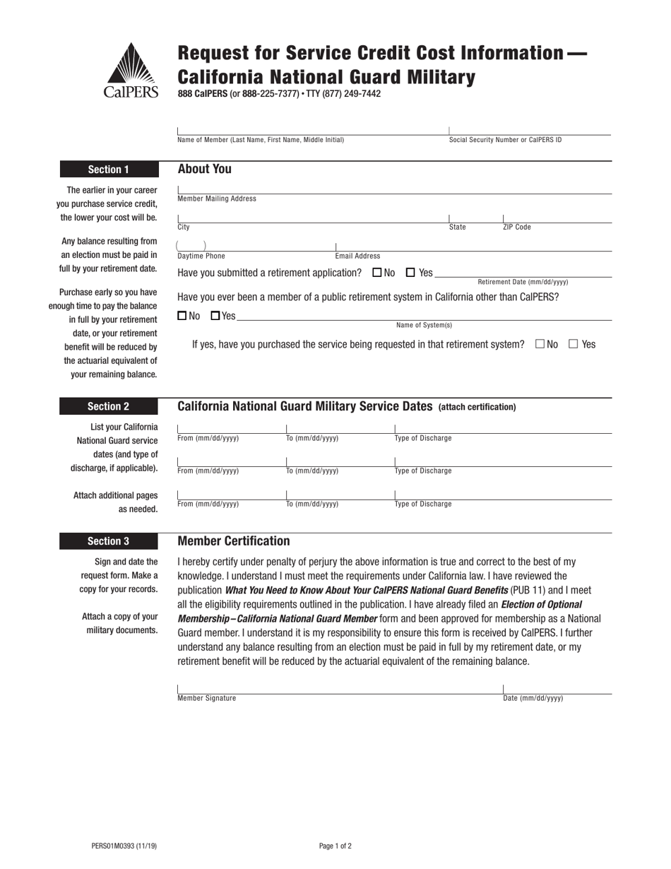 Form PERS01M0393 Request for Service Credit Cost Information - California National Guard Military - California, Page 1