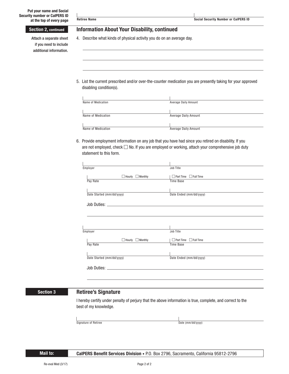 Retiree Questionnaire for CalPERS Disability Re-evaluation - California, Page 2