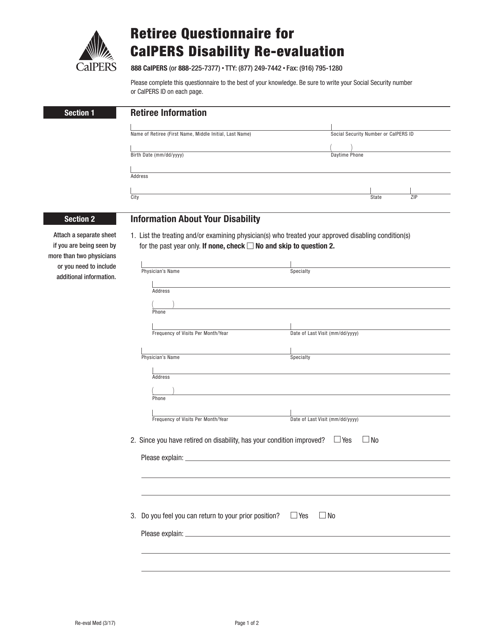 Retiree Questionnaire for CalPERS Disability Re-evaluation - California Download Pdf