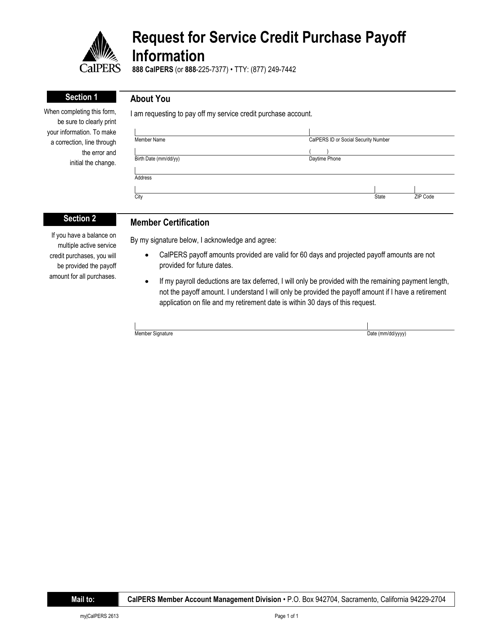 Form my|CalPERS2613 Request for Service Credit Purchase Payoff Information - California