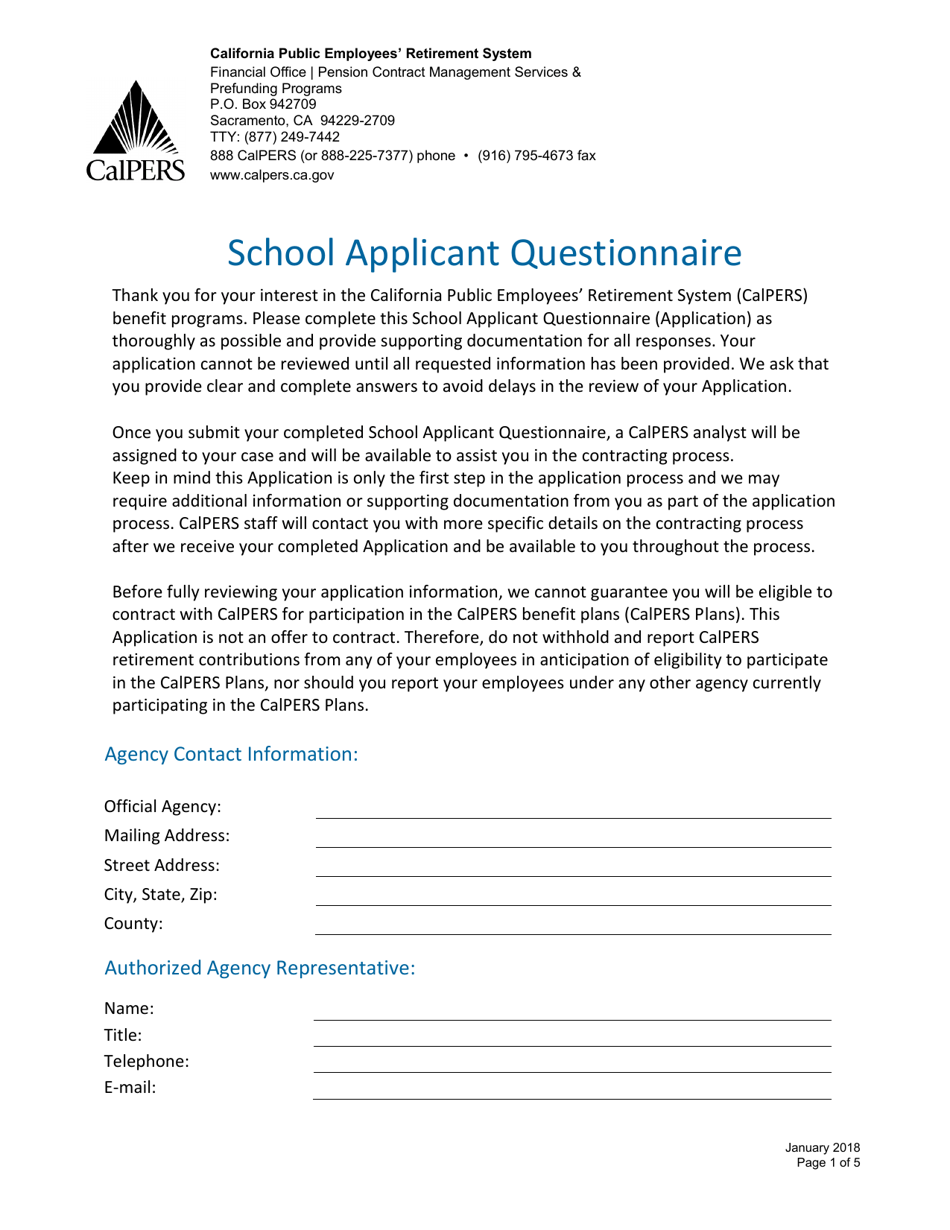School Applicant Questionnaire - California, Page 1