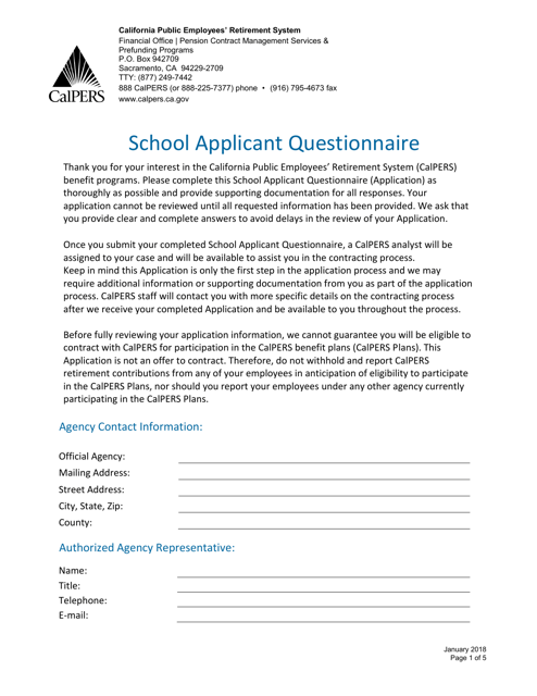 School Applicant Questionnaire - California Download Pdf