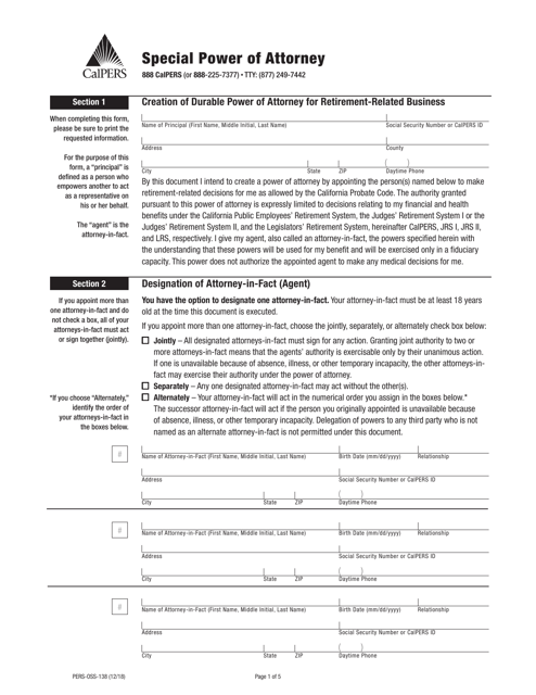 Form PERS-OSS-138 Special Power of Attorney - California