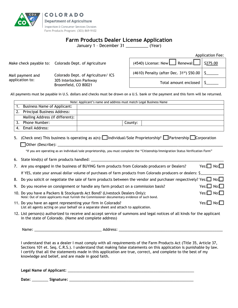 Colorado Farm Products Dealer License Application Fill Out, Sign