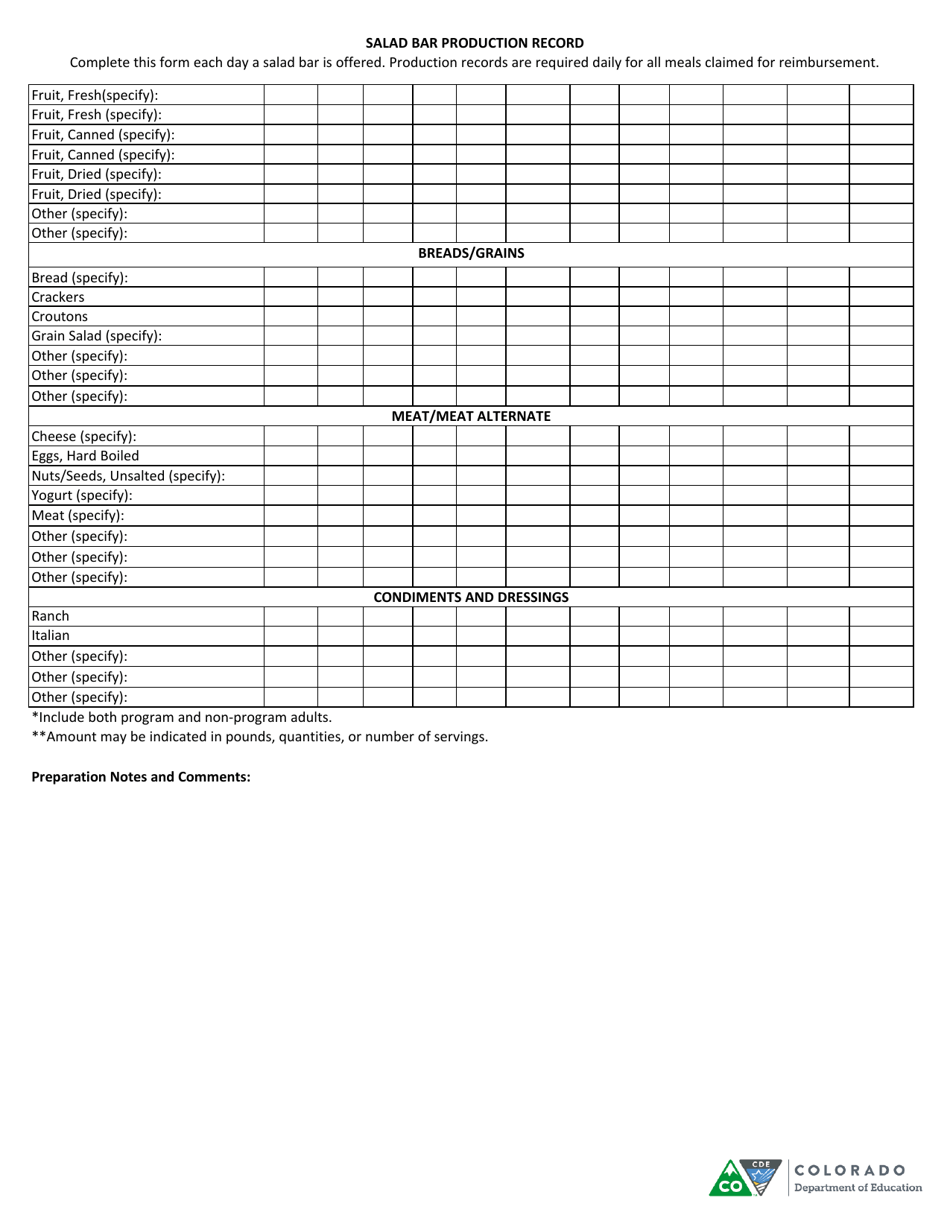 Colorado Salad Bar Production Record - Fill Out, Sign Online and ...