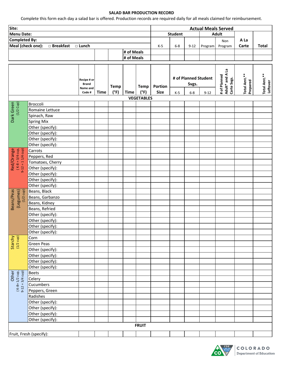 Colorado Salad Bar Production Record - Fill Out, Sign Online and
