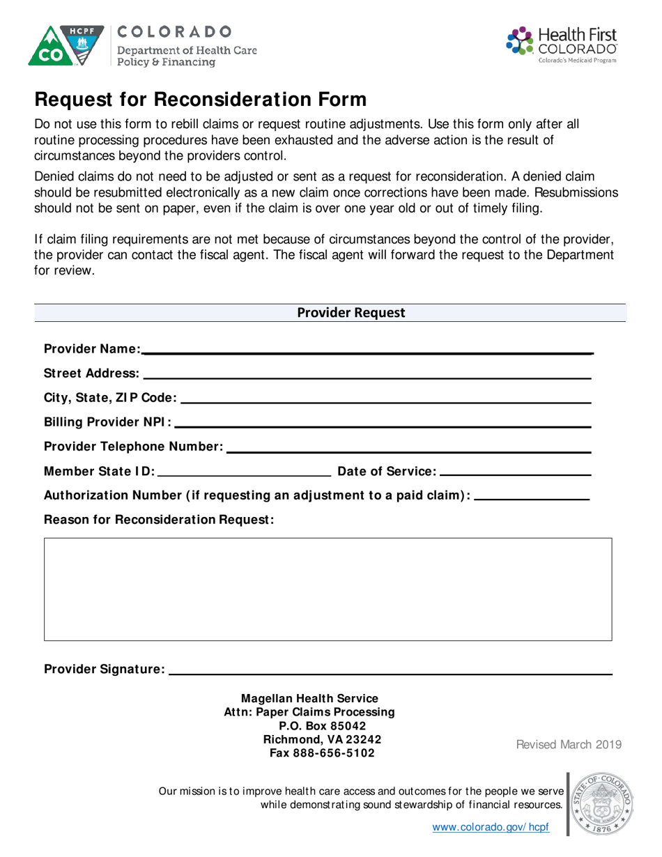 Request for Reconsideration Form - Colorado, Page 1