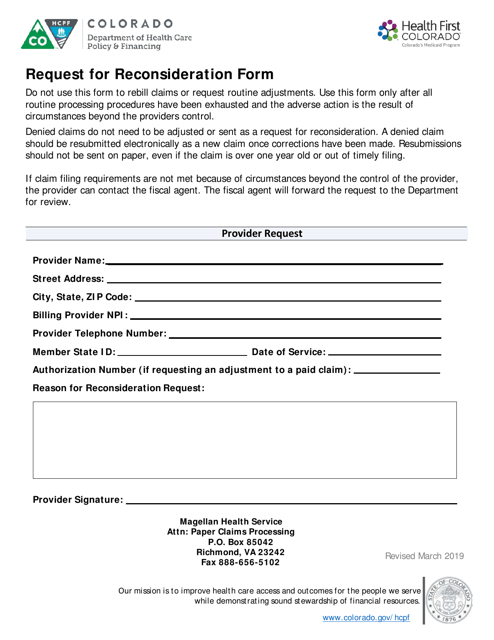 Request for Reconsideration Form - Colorado Download Pdf