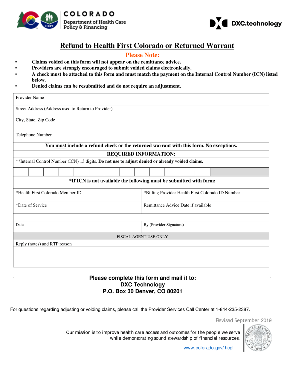 Colorado Refund to Health First Colorado or Returned Warrant Fill Out