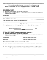 Document preview: Acknowledgment/Certification Statement for a Hysterectomy - Colorado