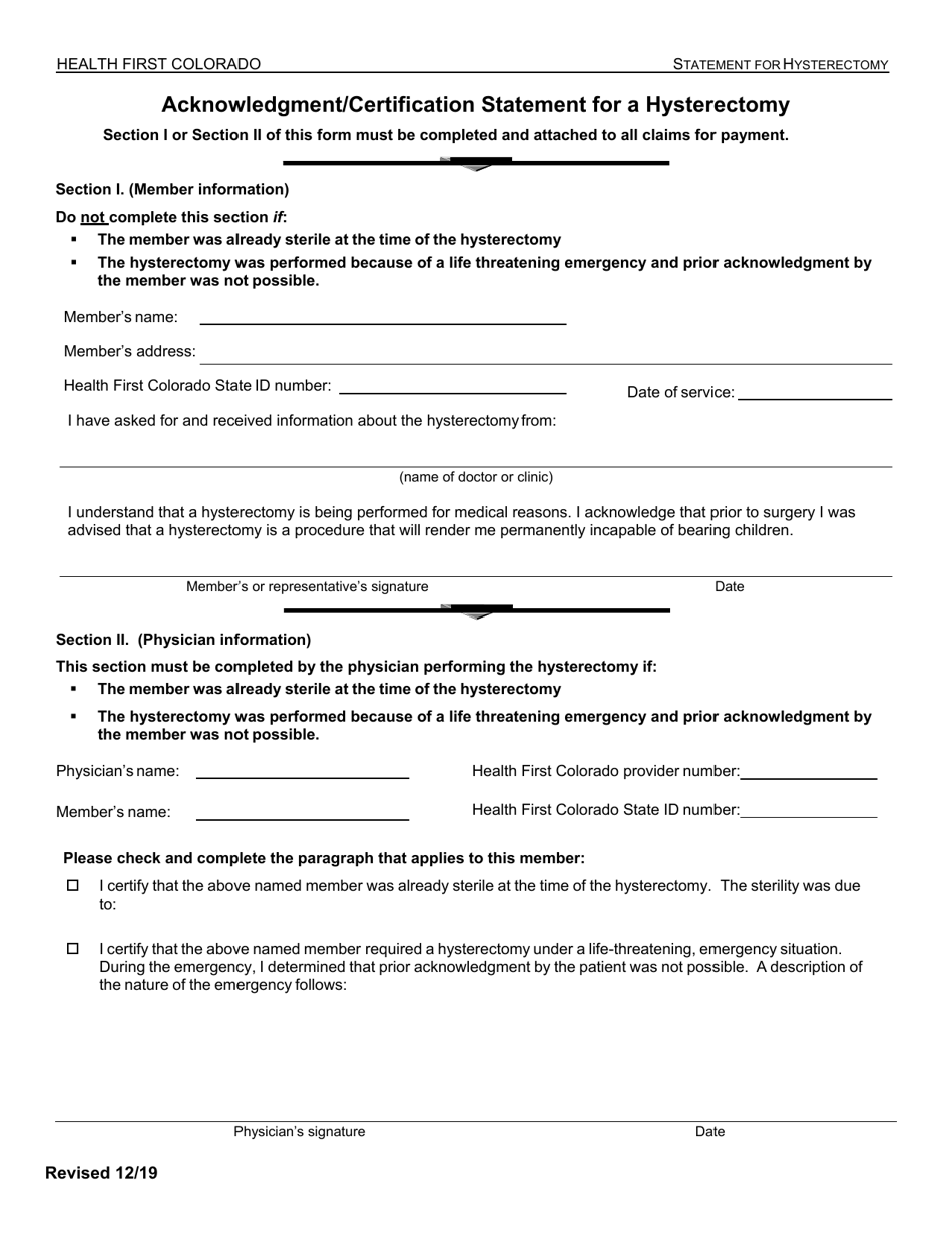 Acknowledgment/Certification Statement for a Hysterectomy - Colorado, Page 1