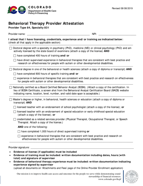 Behavioral Therapy Provider Attestation - Colorado Download Pdf