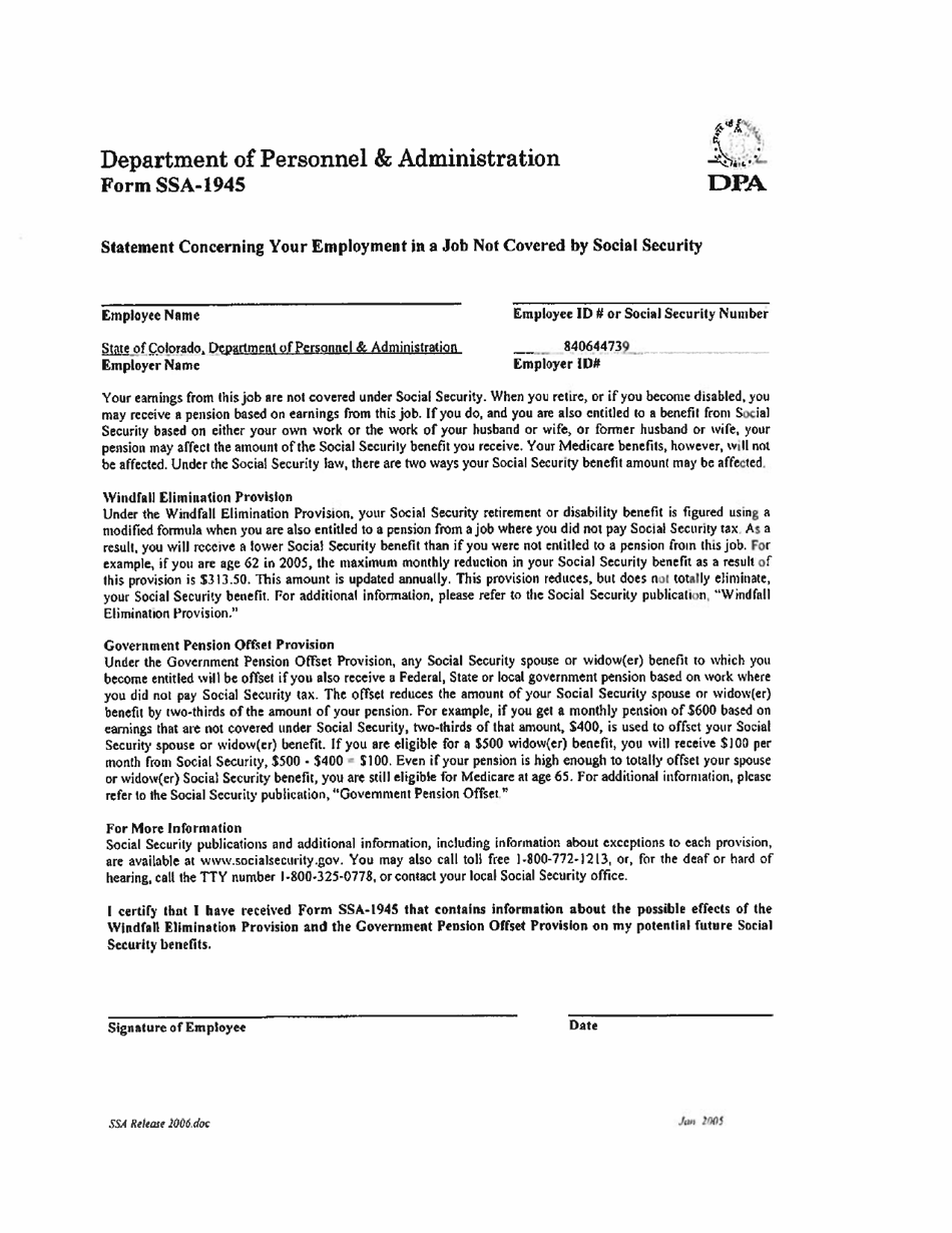 Form SSA-1945 Statement Concerning Your Employment in a Job Not Covered by Social Security - Colorado, Page 1