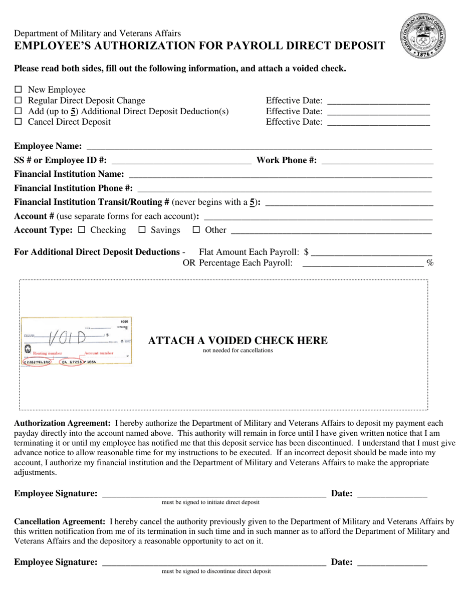 Employees Authorization for Payroll Direct Deposit - Colorado, Page 1