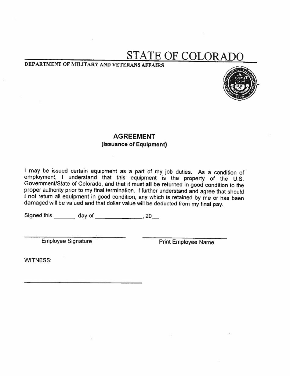 Issuance of Equipment Agreement - Colorado, Page 1
