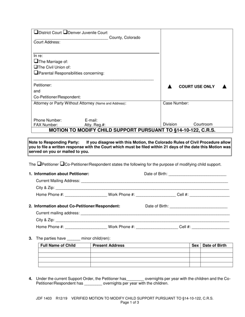 Form JDF1403 Motion to Modify Child Support Pursuant to 14-10-122, C.r.s. - Colorado