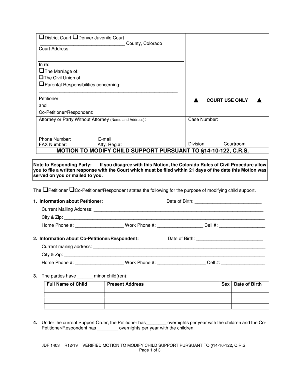 Form JDF1403 Motion to Modify Child Support Pursuant to 14-10-122, C.r.s. - Colorado, Page 1