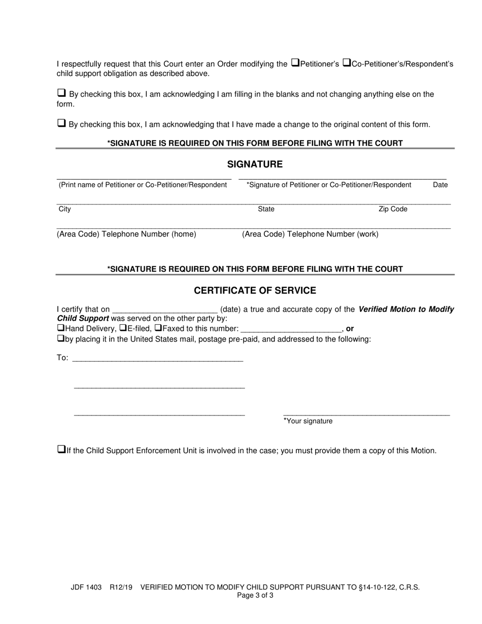 Form JDF1403 Motion to Modify Child Support Pursuant to 14-10-122, C.r.s. - Colorado, Page 3