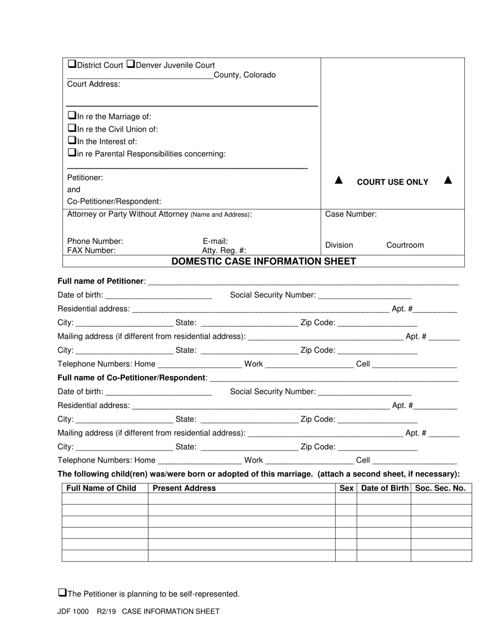 Form JDF1000 Domestic Case Information Sheet - Colorado, Page 1