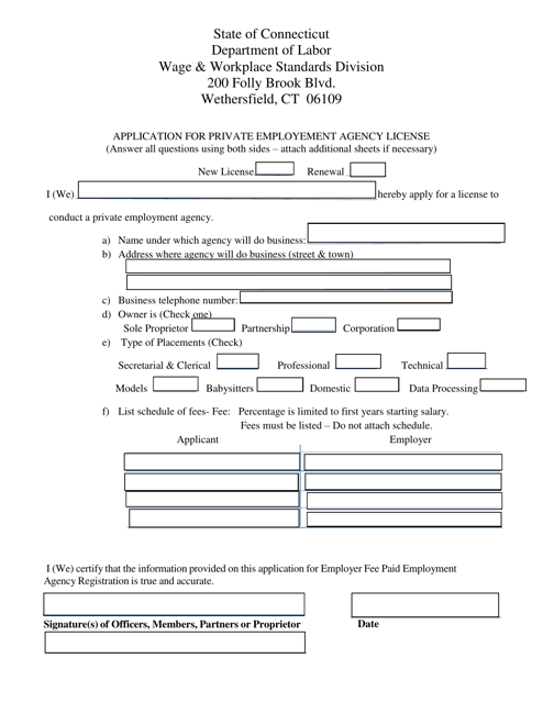 Application for Private Employment Agency License - Connecticut