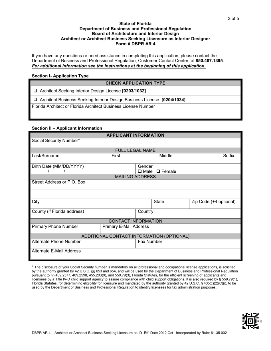 DBPR Form AR4 Architect or Architect Business Seeking Licensure as Interior Designer - Florida, Page 3
