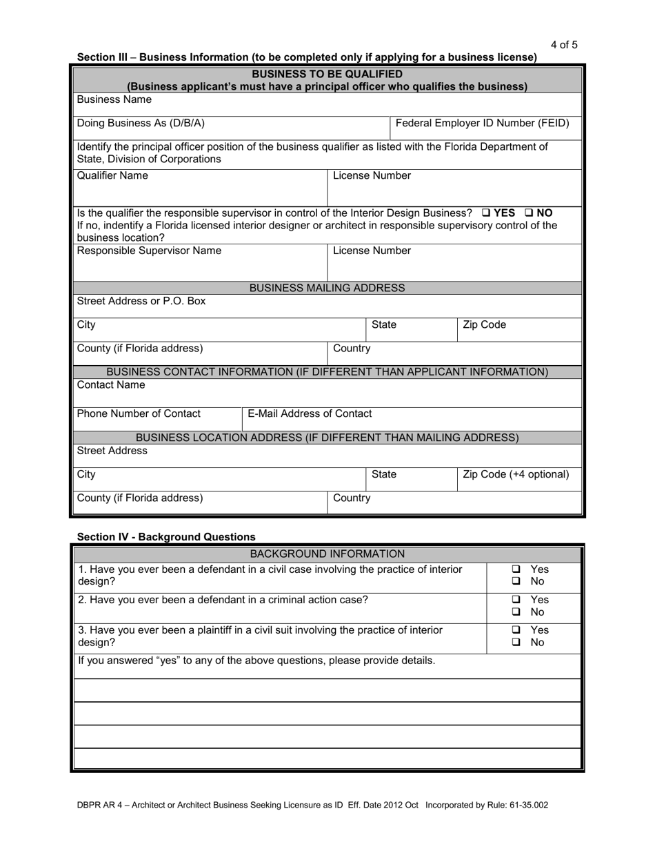 DBPR Form AR4 Architect or Architect Business Seeking Licensure as Interior Designer - Florida, Page 4