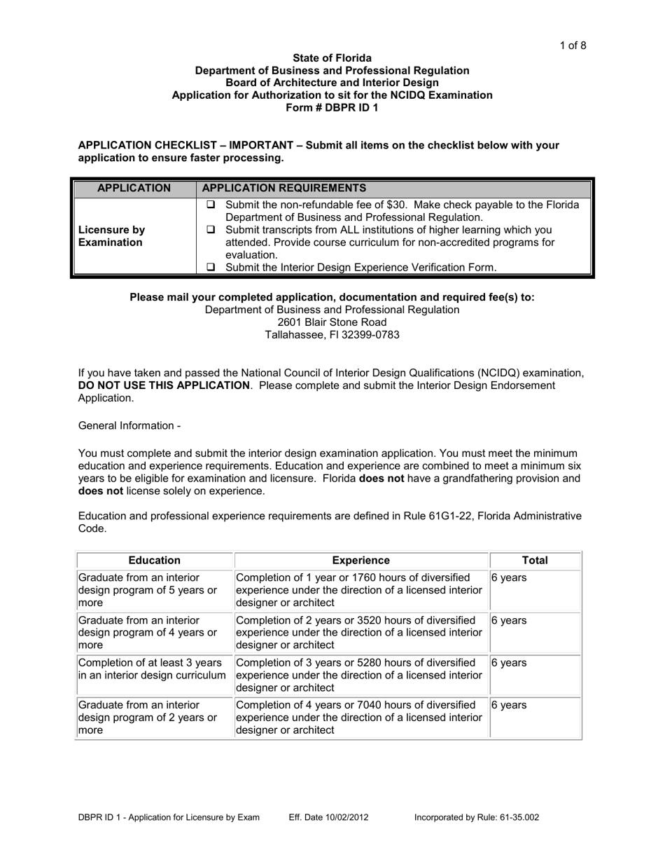 Form DBPR ID1 Interior Designer - Application to Take the National Council of Interior Design Qualifications (Ncidq) Exam - Florida, Page 1
