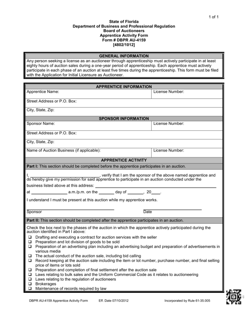 DBPR Form AU-4159 Apprentice Activity Form - Florida