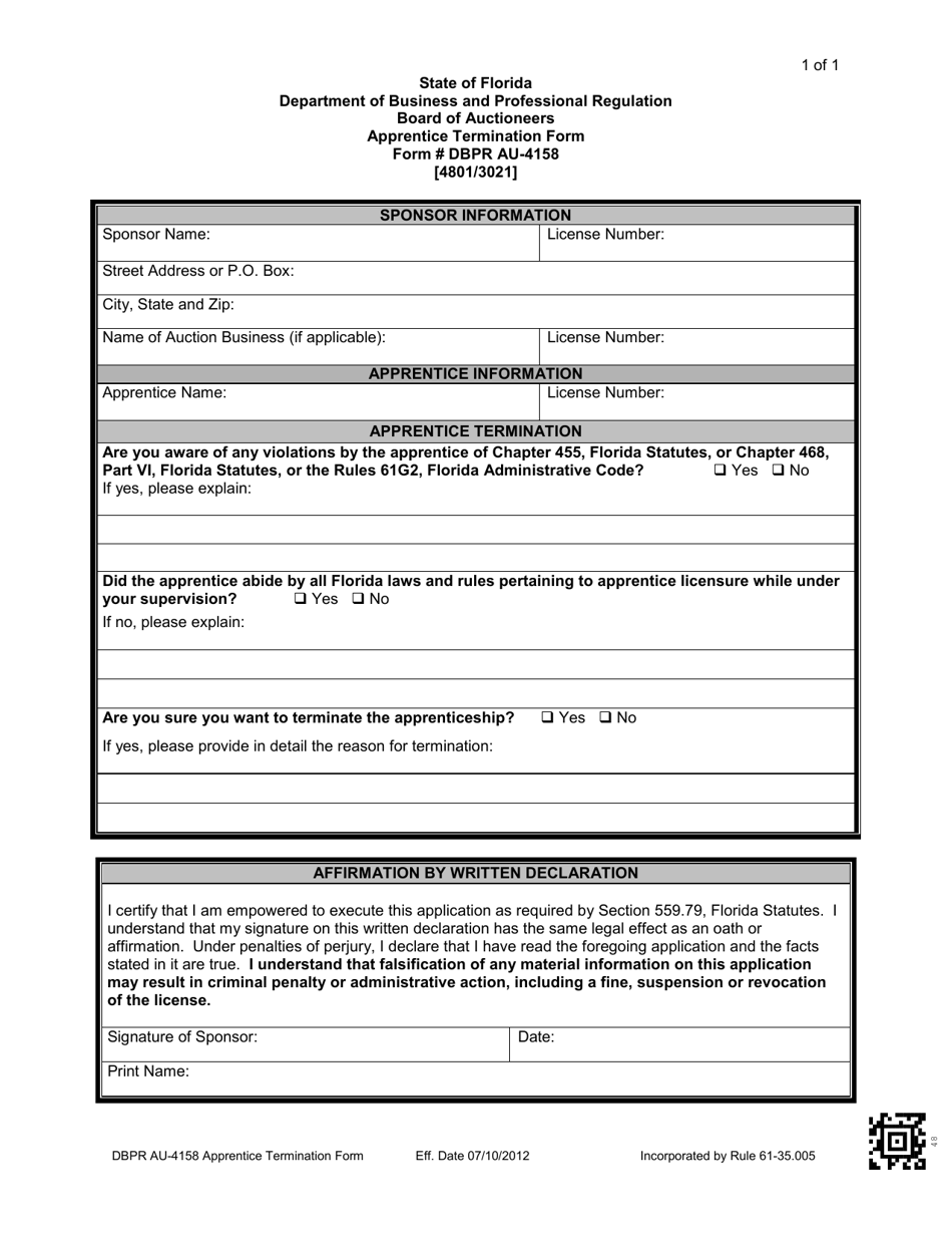 Form DBPR AU-4158 Auctioneer Apprentice Termination Form - Florida, Page 1