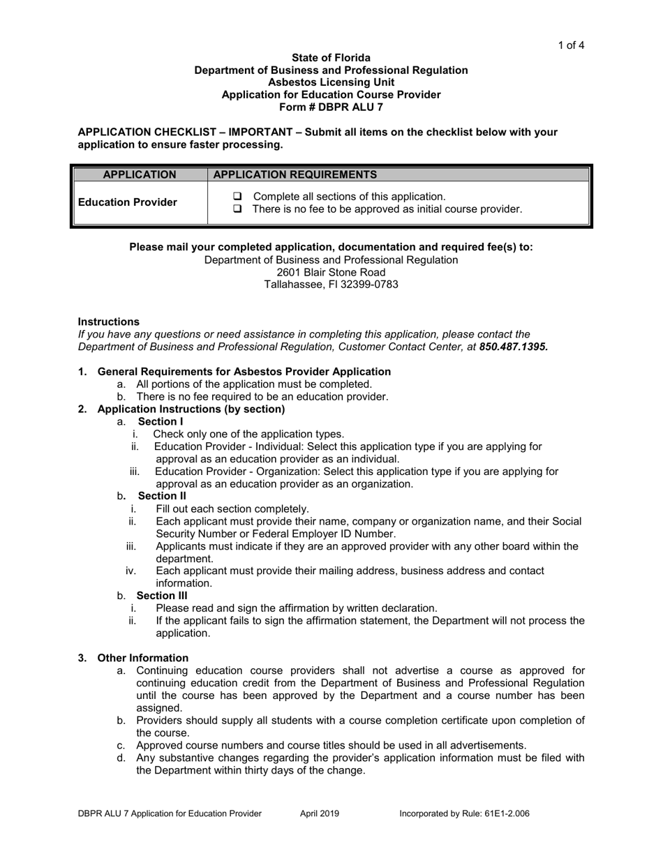 DBPR Form ALU7 Application for Education Course Provider - Florida, Page 1