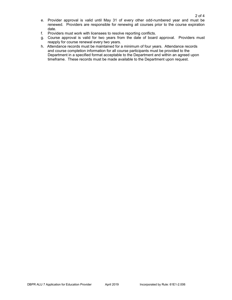 DBPR Form ALU7 Application for Education Course Provider - Florida, Page 2