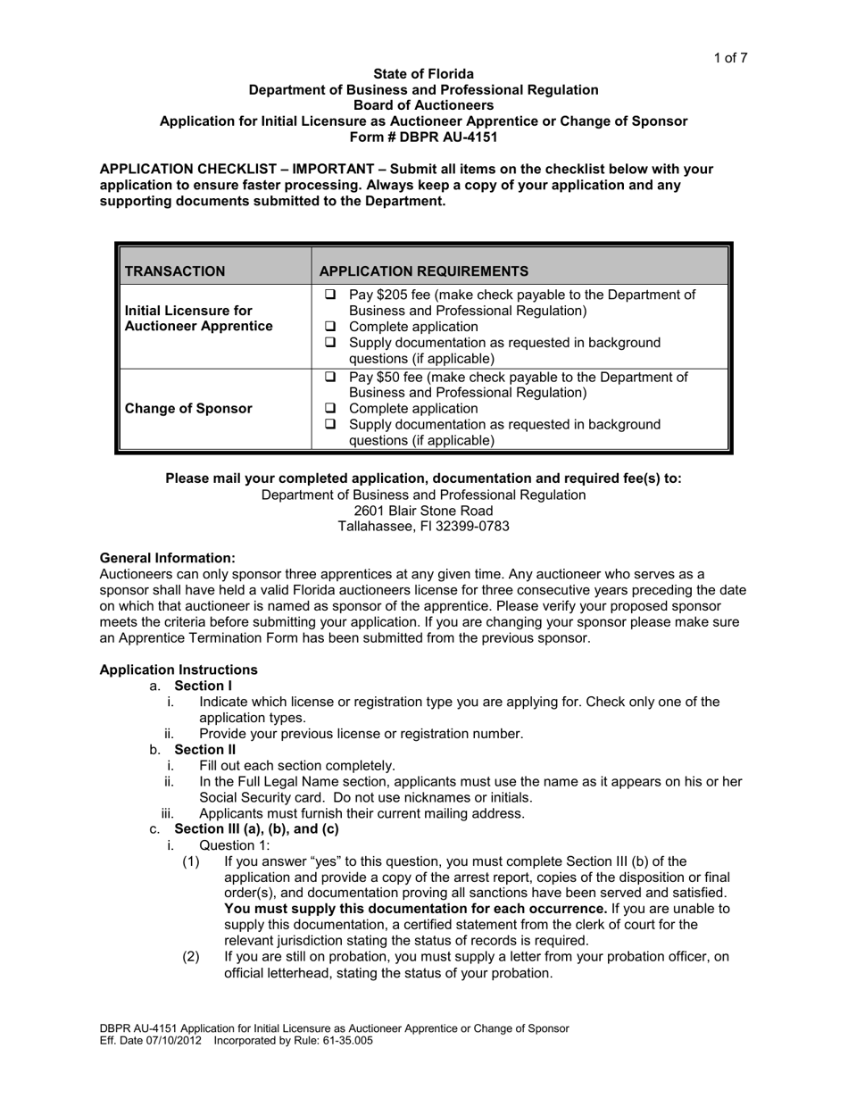 DBPR Form AU-4151 - Fill Out, Sign Online and Download Printable PDF ...