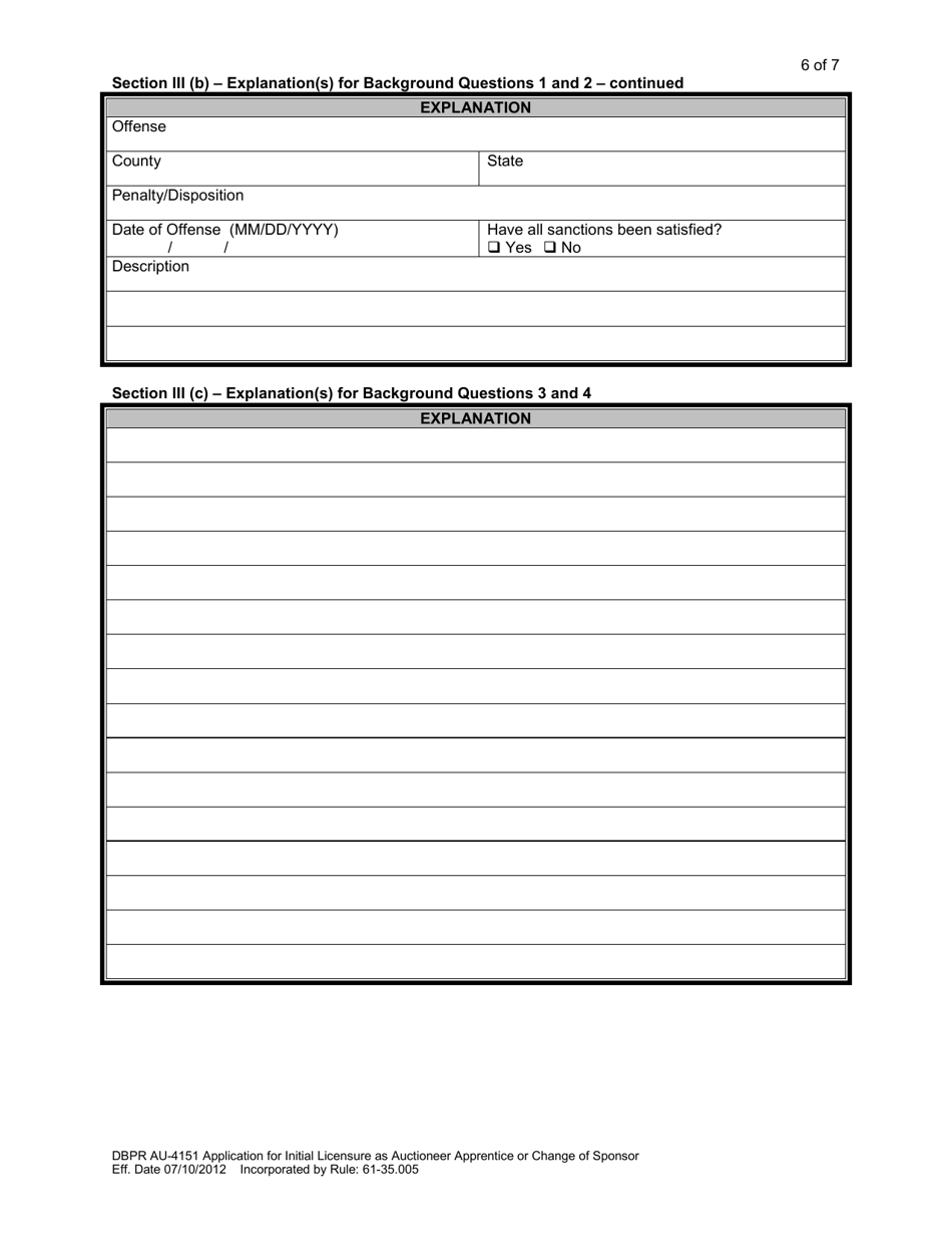 DBPR Form AU-4151 Application for Initial Licensure as Auctioneer Apprentice or Change of Sponsor - Florida, Page 6
