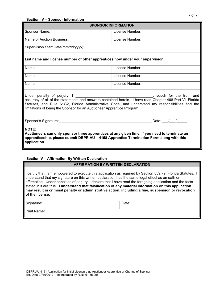 DBPR Form AU-4151 Application for Initial Licensure as Auctioneer Apprentice or Change of Sponsor - Florida, Page 7