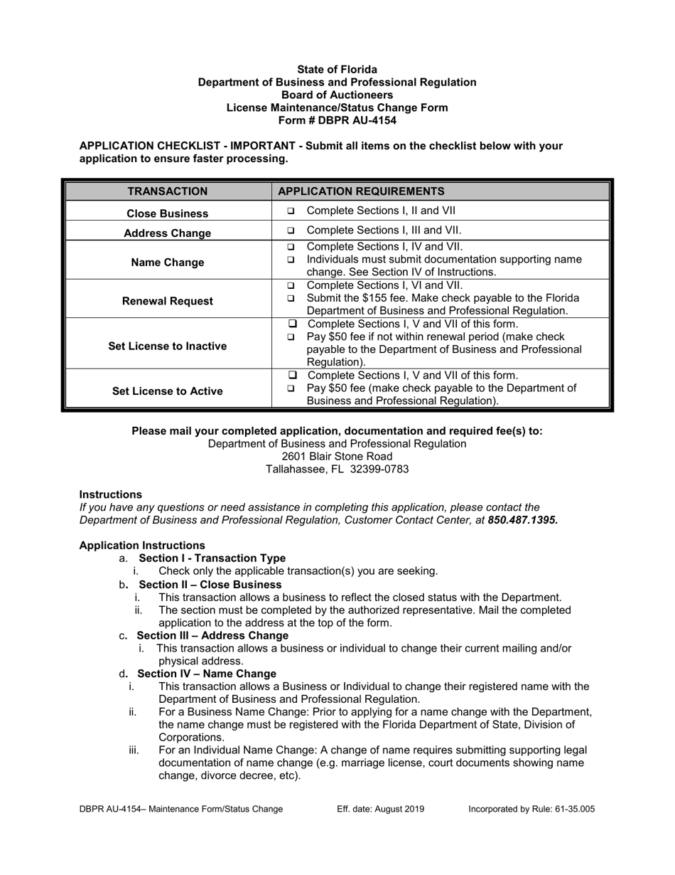 DBPR Form AU-4154 License Maintenance / Status Change Form - Florida, Page 1