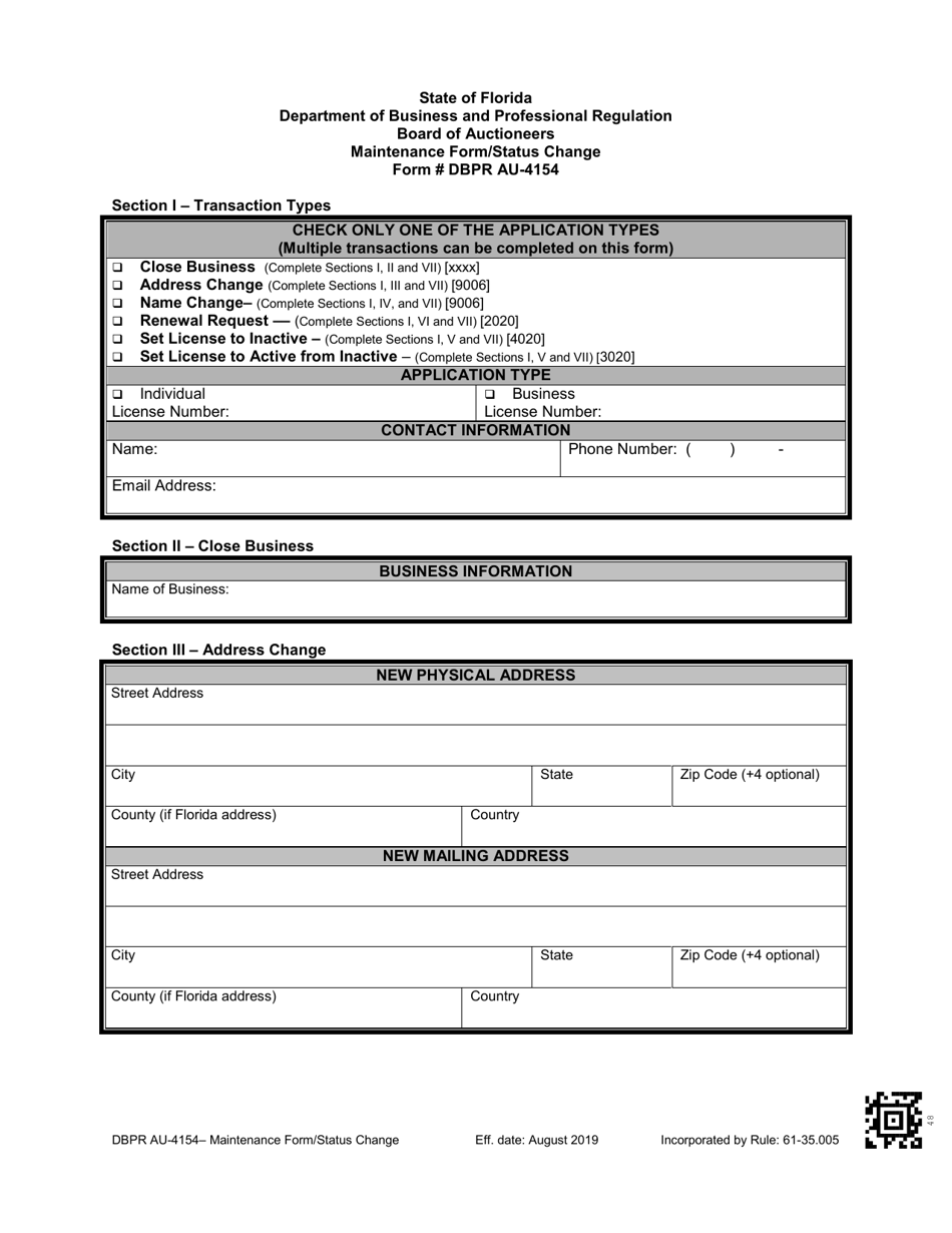 DBPR Form AU-4154 License Maintenance / Status Change Form - Florida, Page 3
