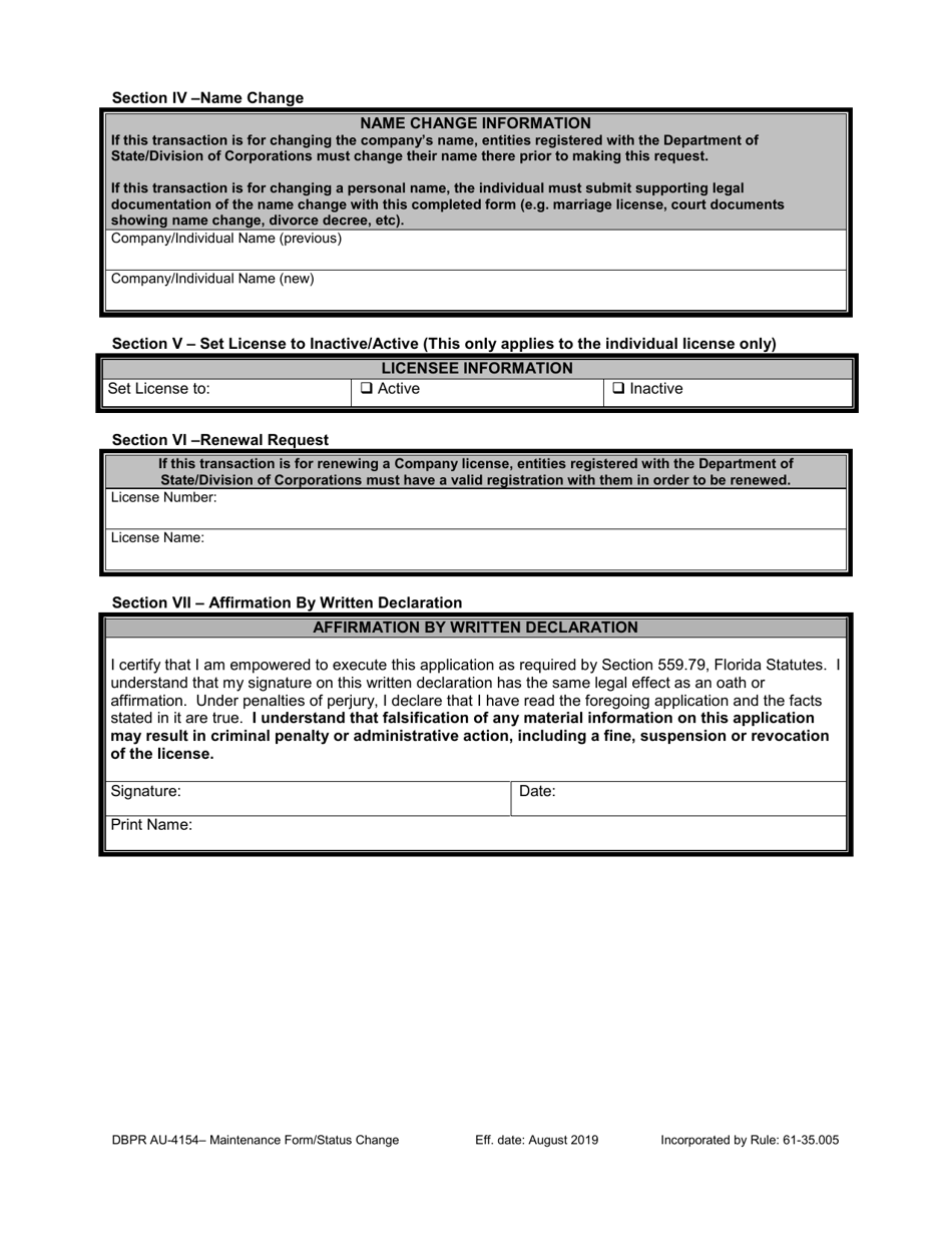 DBPR Form AU-4154 License Maintenance / Status Change Form - Florida, Page 4