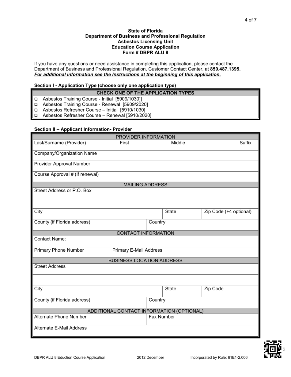 DBPR Form ALU8 Education Course Application - Florida, Page 4
